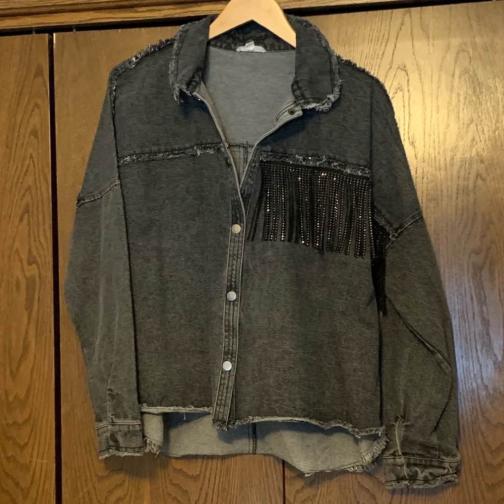 {GeeGee} EUC! Black Denim Jacket with Asymmetrical Fringe